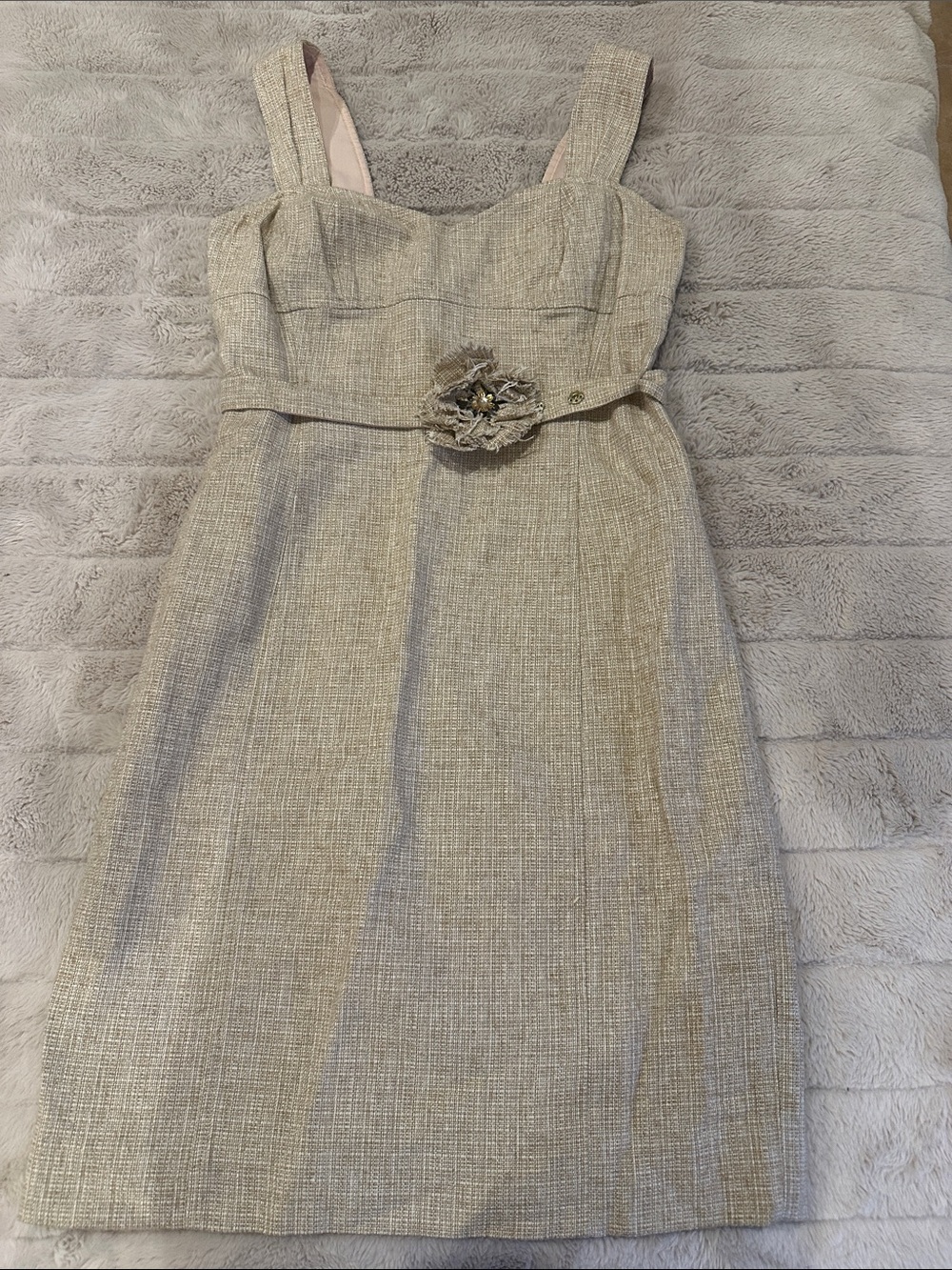 Rebecca Taylor Metallic Gold Textured Dress with Floral Waist